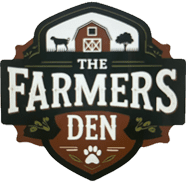 Logo of The Farmers Den featuring a barn, animals, and a paw print.