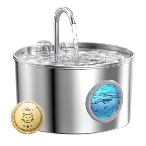 Stainless steel pet water fountain with flowing water and award badge.