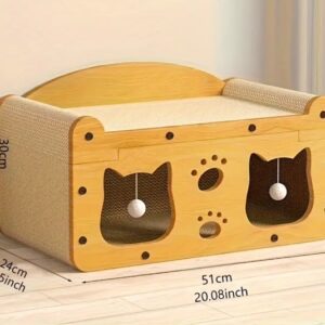 Wooden cat house with two cat-shaped openings and paw prints, featuring a cat inside.