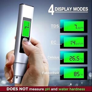 Handheld water tester showing 4 display modes for water quality measurement.