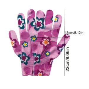 Pink gardening gloves with colorful flower patterns, sized 22cm by 12cm.