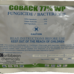 Package of Coback 77% WP fungicide and bactericide by Caribbean Chemicals.