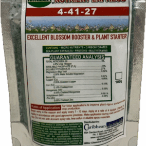 A bag of fertilizer labeled 4-41-27 with nutrient details and usage instructions.