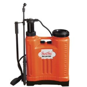 Orange backpack sprayer with black hose and nozzle.
