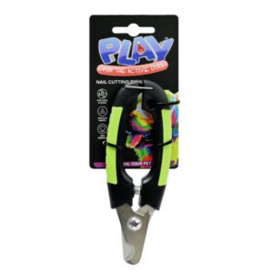 Colorful nail clipper with ergonomic handle on packaging.