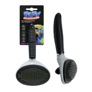 Black pet grooming brush with plastic bristles and handle.
