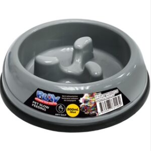 A gray slow feeder dog bowl with raised obstacles to slow eating.