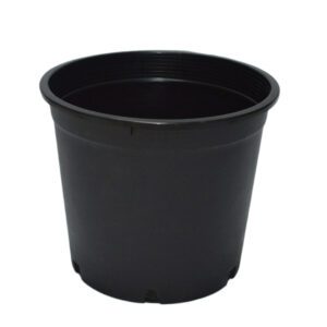 A plain black plastic plant pot, empty and round-shaped.