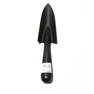 A black garden trowel with a pointed blade and ergonomic handle.