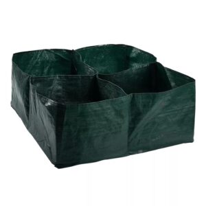 Green fabric garden planter with four square compartments.