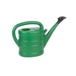 Green plastic watering can with a long spout and handle.