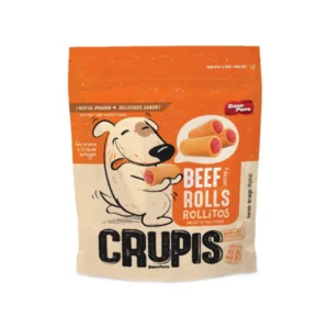Bag of CruPIS Beef Rolls dog treats with a cartoon dog on the label.