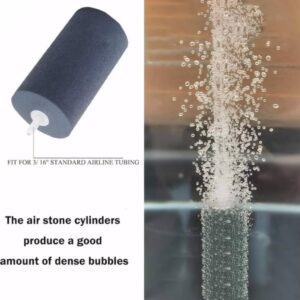 Air stone cylinder releasing numerous dense bubbles underwater.