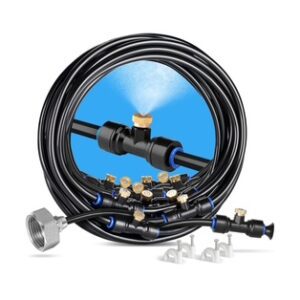 Coiled misting system with multiple nozzles and connectors.