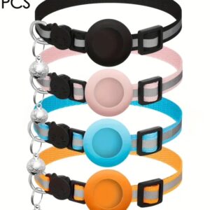 Colorful adjustable pet collars with bells in various sizes.