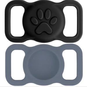 Two silicone protective covers for Apple AirTags, one with a paw print design.