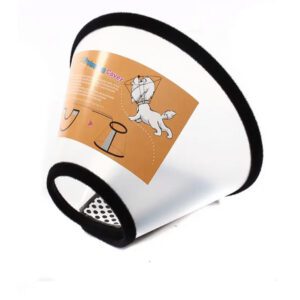 A white protective pet cone with a cat illustration and ventilation holes.