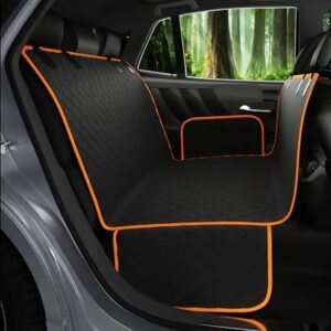 Car seat cover with orange trim protecting the back seat.