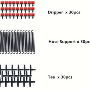 Various irrigation components including drippers, hose supports, and tees.