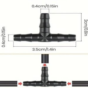 Black plastic T-shaped pipe connector with dimensions labeled.