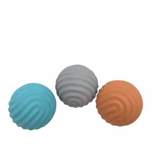 Three textured balls in teal, gray, and brown colors.
