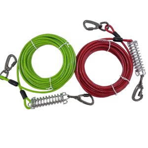 Two coiled bungee cords, one green and one red, with metal hooks.
