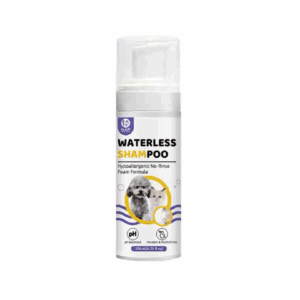 Waterless shampoo spray for pets in a white bottle with a purple cap.