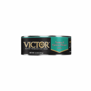 A can of Victor premium cat food for adult cats.