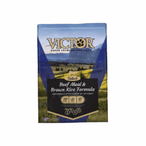 Bag of Victor dog food with beef meal and brown rice formula.