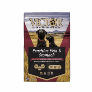 Victor dog food for sensitive skin and stomach in a resealable bag.