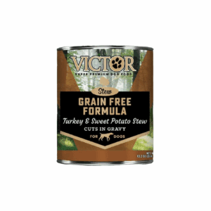 Victor Grain Free Turkey and Sweet Potato dog food can.