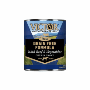 Victor Grain Free Formula adult dog food can with rabbit, beef, and vegetables.
