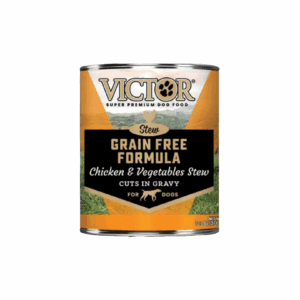 Can of Victor Grain Free Dog Food with Chicken & Vegetable Stew.