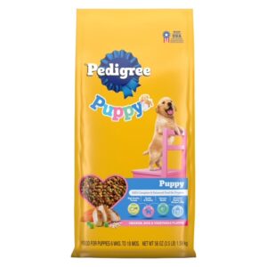 Pedigree Puppy dry dog food bag with chicken and vegetables.