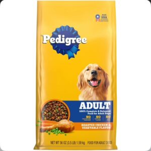 Bag of Pedigree Adult dog food with chicken flavor.