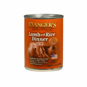 Evanger's Lamb and Rice Dinner canned dog food.