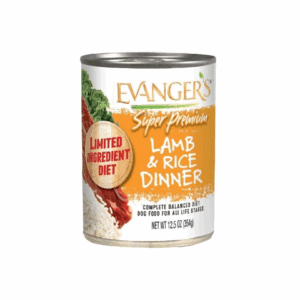 Evanger's limited ingredient Lamb & Rice Dinner dog food can.