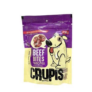 A bag of Crup's Beef Bites dog treats with a cartoon dog on the packaging.