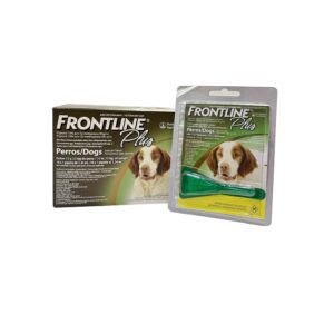 Frontline flea and tick treatment for dogs with packaging.