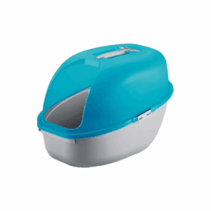 A blue and white covered cat litter box with a front opening.