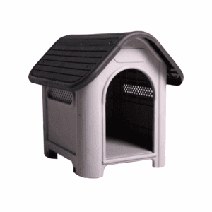 A small, gray plastic dog house with a black roof and open entrance.