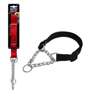Two types of dog collars, one red and one black, with metal chains.