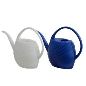 Two watering cans, one white and one blue, with curved handles.