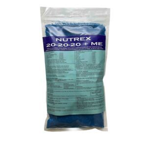 A bag of Nutrex 20-20-20 ME fertilizer with detailed label information.