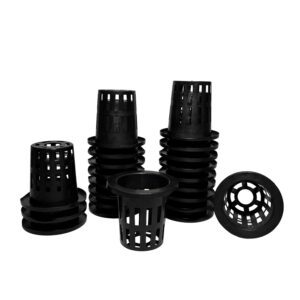 Black plastic net pots used for hydroponic growing.