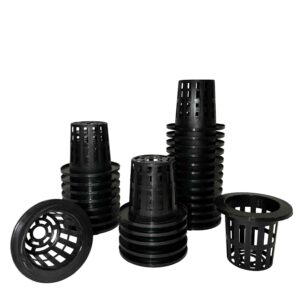 Black plastic net pots of various sizes arranged together.