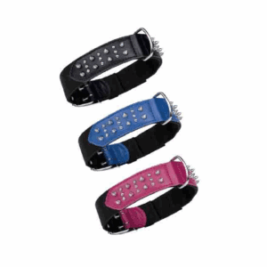 Three colorful dog collars in black, blue, and pink with heart-shaped details.