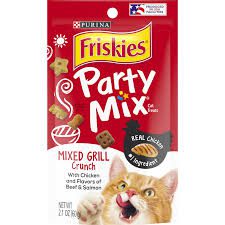 Friskies Party Mix Mixed Grill Crunch cat treats with a playful dog on the package.