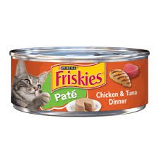 Can of Friskies Chicken & Tuna Dinner cat food.