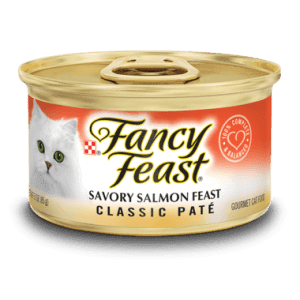 A can of Fancy Feast Classic Pate cat food with savory salmon flavor.